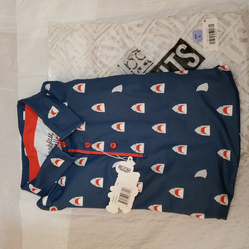 RSVLTS "Chomp" Shark Print All-Day Polo Large. Nwt. Breakfast Balls - Picture 4 of 9